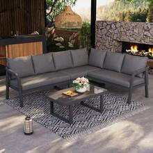 Corner Garden Furniture Set, 6 Seats, Braided Armrests And Backrests, Galvanized Steel Tube Frame, Including A Corner Sofa And A Coffee Table, Beige Colour. - Grey - View 2