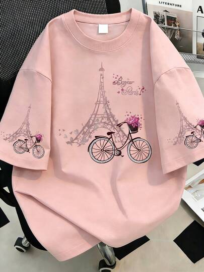 Floral, Eiffel Tower And Bicycle Print Crew Neck Graphic T-Shirt, Plus Size Women's Casual Summer Fashionable Short Sleeve. Suitable For Sumacation Wear, Beach Wear, Resort Wear, Spring Wear, Valentine's Day Wear, Carnival Wear, Mother's Day Gift