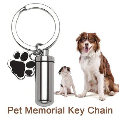 Cremation Jewelry Urn Keychain For Ashes Stainless Steel Pet Dog Paw Print Keepsake Urn Key Chain Cylinder Memorial Cremation Keyring Jewelry For Human Pet Ashes