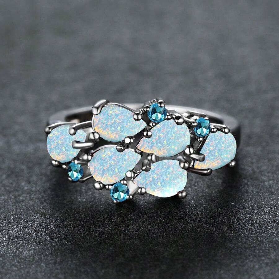 Vanel 1pc Elegant Silver Pear-Shaped Synthetic Opal & Cubic Zirconia Cluster Ring, CZ Floral Decor, Fashionable Luxury Accessory For Daily Wear And Parties - Silver-blue - View 1