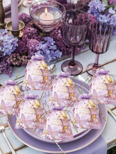 18pcs Butterfly Keychain Gift Set, Including 6pcs Acrylic Purple Keychains,6pcs Purple Butterfly Cards And 6pcs Clear Organza Drawstring Bags, Perfect Gift For Gender Reveal Party, Birthday, Wedding, Christmas Party, Suitable As Favor For Bride's Wedding, Gender Reveal Party And Birthday Celebration