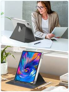 適用於 iPad (A16) 11代/10代/9代/8代/7代/6代/5代、Mini 6代/7代、Air 1/2/3/4/5/11吋(M2)/11吋(M3)/11吋(M4)/13吋(M2)/13吋(M3)/13吋(M3)代、Pro 11吋 1代/2代/3代/4代/(M4) 12.9吋 3代/4代/5代/6代，內置筆槽、360度旋轉保護支架保護殼，透明背蓋，黑色 - 黑色 - 查看 9