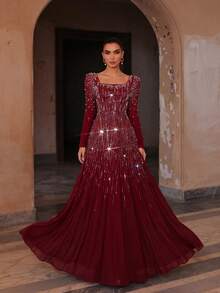 Faeriesty Elegante vestido formal maxi de gasa de lujo para mujer, con escote cuadrado y mangas abullonadas largas, decorado con rhinestones, diseño de bajo acampanado para boda - Burdeos - Ver 3