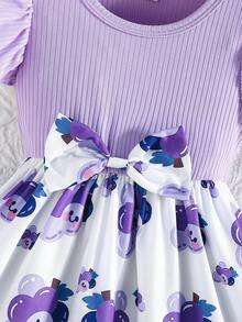Baby Girls' Summer Cap Sleeve Ribbed Patchwork Cute Bow Floral Print Sweet Dress - Purple - View 6