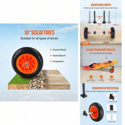 Heavy Duty Kayak Cart, 280lbs Load Capacity, Detachable Canoe Trolley Cart With 10'' Solid Tires, Adjustable Width Top Foam Kayaks With Drain Holes Of 2.54 And Above