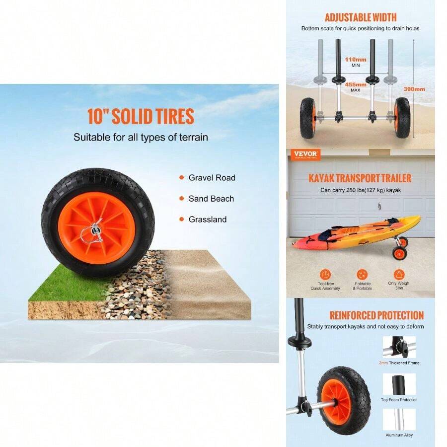 Heavy Duty Kayak Cart, 280lbs Load Capacity, Detachable Canoe Trolley Cart With 10'' Solid Tires, Adjustable Width Top Foam Kayaks With Drain Holes Of 2.54 And Above - Default - View 1