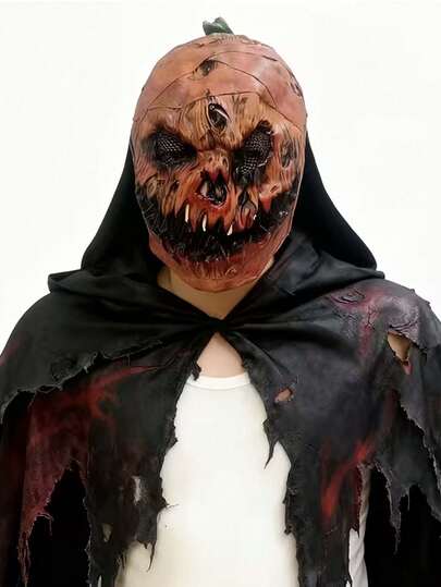 1 pieza Máscara de cabeza de calabaza con demonio aterrador, máscara de látex de terror para fiesta de Halloween y actuaciones