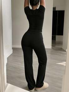 Ensemble sport décontracté d'été style Y2K pour petites femmes, comprenant un t-shirt à col rond manches courtes de couleur unie et un pantalon slim à jambes droites noir élégant - Noir - Voir 3