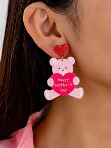 1 Đôi bông tai acrylic màu hồng thời trang với mặt dây chuyền hình gấu trái tim, thích hợp để đeo nhân dịp Ngày của Mẹ. - Gấu Nhỏ - Xem 2