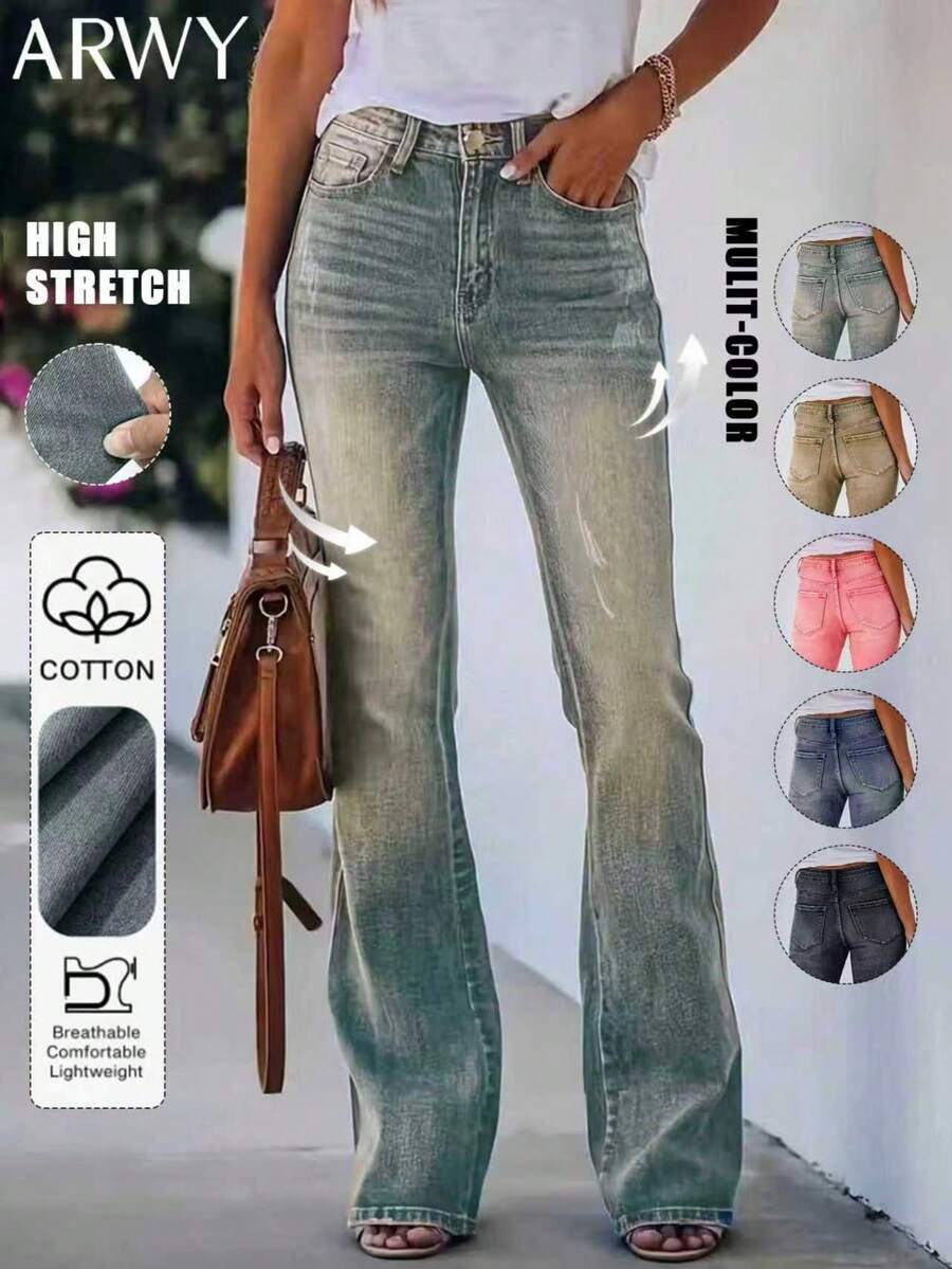 ARWY Faded American Slim Fit Fashionable Versatile Bootcut Jeans For Women, Elegant Bohemian Everyday, Night Out, Holiday, Halloween, Easter, All Seasons Casual Spring - Nostalgic Blue - View 1