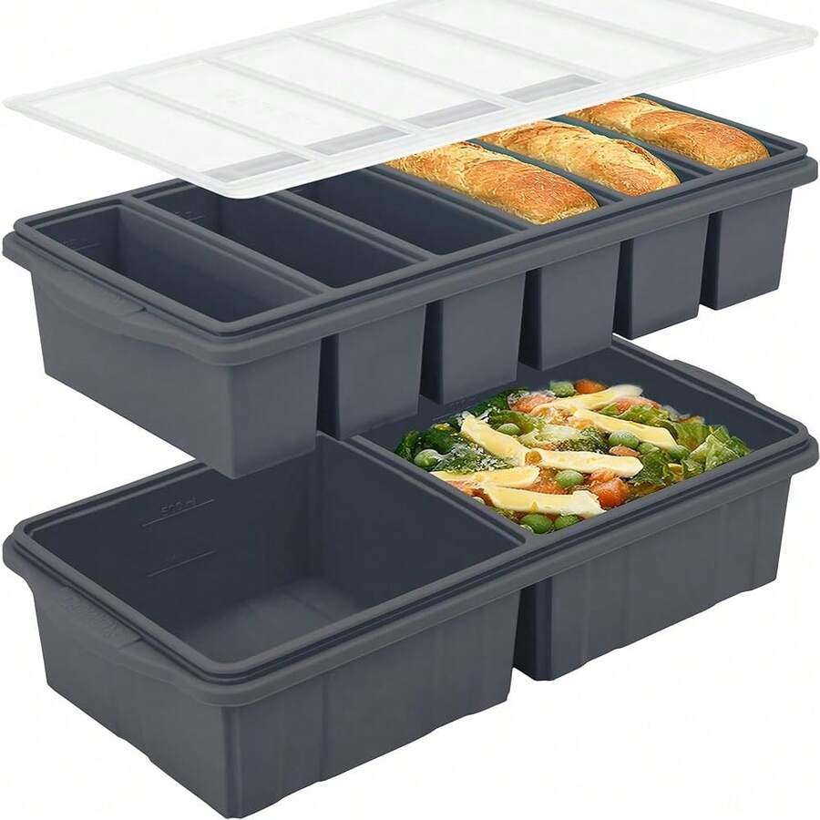 Freezer Tray With Lid-Soup Freezer Container Molds-Large Ice Cube Tray Set Makes 2-Cup & 1/2-Cup Portions Cubes Perfect For Preparing Meals In Different Portion Sizes Oven & Dishwasher - - Gray - View 1