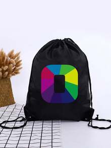 1pc Geometric Colorblock A-Z Letter Drawstring Backpack, Rainbow Letter Print Cinch Bag, Lightweight Sports Fitness Travel School Backpack - Black - View 29