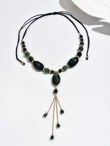 1pc Fashionable & Elegant Bohemian Style Asymmetric Dark Green Beaded Pendant Necklace, Women's Y-Shaped Jewelry Tassel Adjustable Drawstring Necklace Suitable For Party, Travel, Daily Wear. Random Resin Floral Pattern Color, Each Piece May Have Slight Molding Marks - Multicolor - View 6