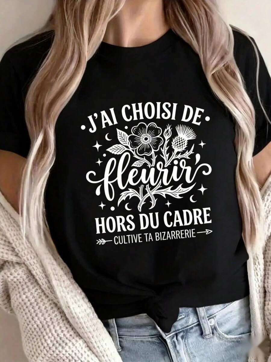 Talla Grande, Camiseta de Mujer Talla Grande con Frase Francesa "J'ai Choisi De Fleurir" - Blusa Floral y con Frases, Transpirable, de Cuello Redondo y Manga Corta - Compatible con Diferentes Tipos de Cuerpo, Atuendo Casual, Regalo para Familiares/Amigos (Lavable a Máquina) - Negro - Ver 1