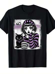 Adecuado para chicas punk góticas con camiseta de gato punk y café - 100% algodón, suave y transpirable, cuello redondo, manga corta, corte holgado, top casual con gráfico de chica gótica y gato café para fiestas temáticas, atuendo casual - Perfecto - Negro - Ver 8