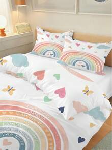 2/3 PIEZAS Funda nórdica con corazones arcoíris en tonos pastel, estilo bohemio lindo, de tela de microfibra suave, forma rectangular, con texto de afirmación positiva y estampado de mariposas, transpirable y resistente a las arrugas para dormitorio de niños, guardería, todas las estaciones - Multicolor - Ver 3