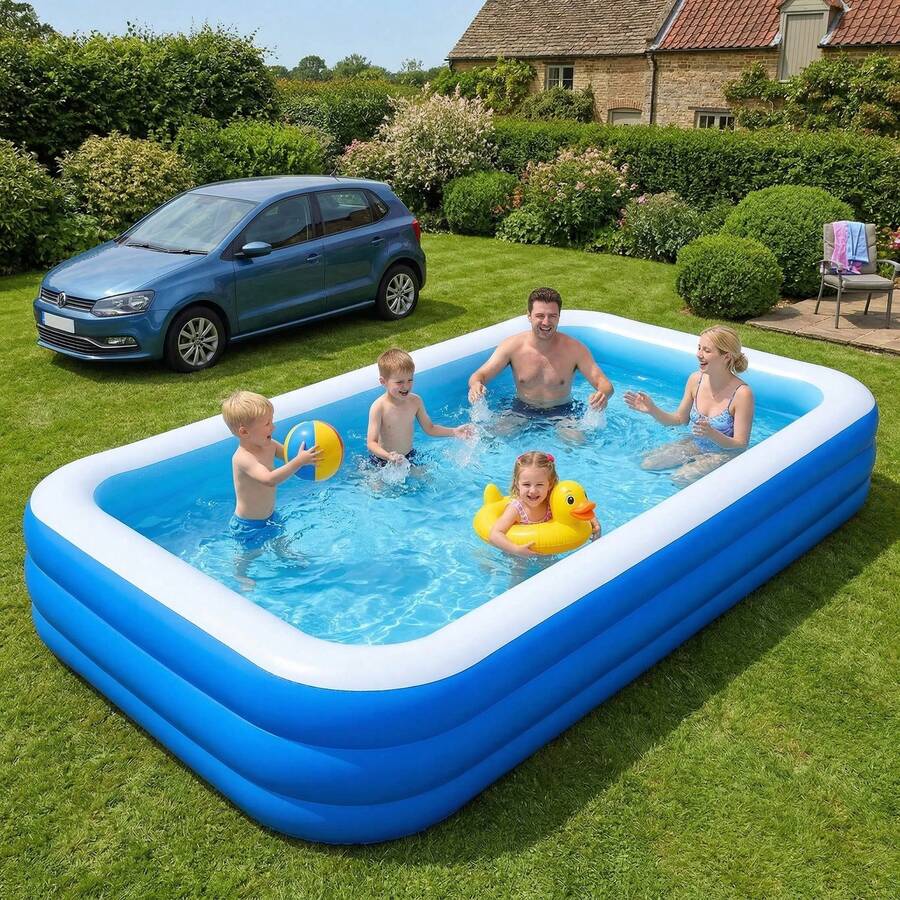 Rectangular Inflatable Family Pool 310x180x55cm Blue White, Inflatable Pool For Children And Adults. - A - View 1