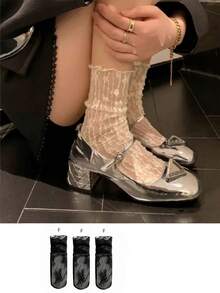 1/3 Pairs Floral Lace Ruffle Socks. Ultra-Thin Sheer Women's Mid-Calf Socks. Decorative Socks To Pair With Leather Shoes And Sandals In Spring/Summer. Soft Mesh Socks. Sweet Socks. Backless Socks - Multicolor - View 16