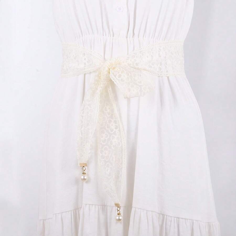 1pc Lace Embroidered Knotted Waist Rope, Fashion Pearl Decor Waist Belt, Women Elegant Hair Tie & Bag Accessory - White - View 1
