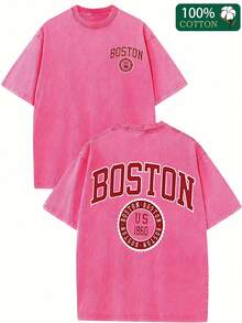 Boston Letters Creative Design Print, High Quality Pattern T-Shirt, Men'S And Women'S Matching T-Shirt, Summer Wear, Crew Neck Top Short Sleeve - Rose Red - View 1