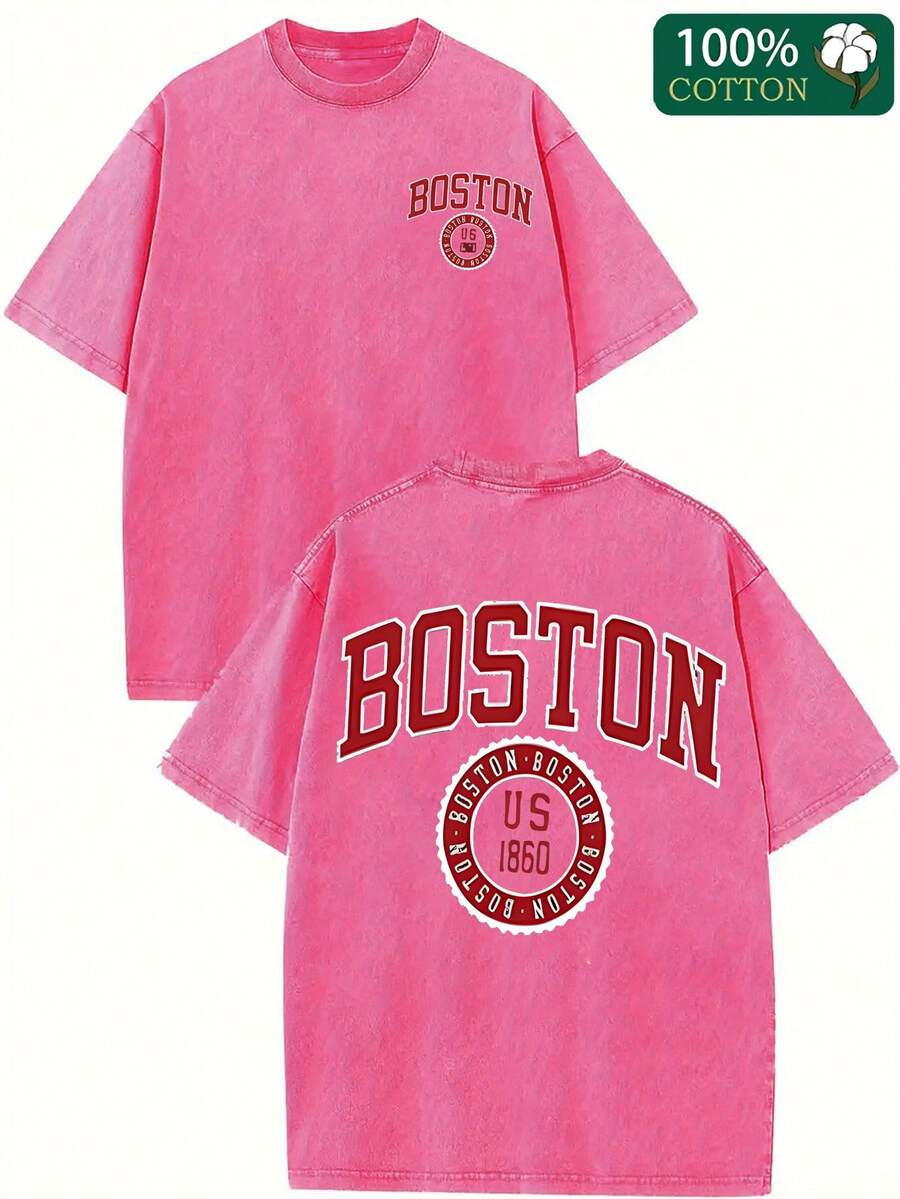 Boston Letters Creative Design Print, High Quality Pattern T-Shirt, Men'S And Women'S Matching T-Shirt, Summer Wear, Crew Neck Top Short Sleeve - Rose Red - View 1
