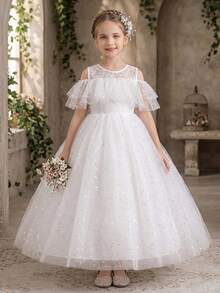 Váy maxi ren trắng sequin vải tuyn cho bé gái tuổi teen, váy công chúa thanh lịch cho đám cưới, tiệc sinh nhật, dạ hội, phù dâu, lễ kỷ niệm ngày lễ - trắng - Xem 9