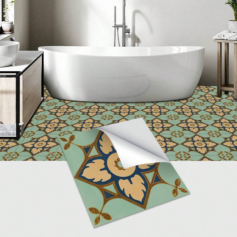 Bohemian Floral Pattern Reinforced Adhesive Thick Matte Peel And Stick PVC Floor/Wall Sticker, Vintage Distressed European Tile Decal For Kitchen, Bathroom, Laundry Room, RV - Ideal For DIY 7.9" X 7.9" - Style A - View 1