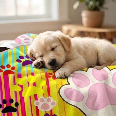 1件舒适彩虹条纹爪印法兰绒毯，卧室装饰，野餐垫，旅行毯，羊毛毯，床毯，披毯，秋季毯，夏季被子，卧室毯，柔软毯子，沙发套，柔软涤纶针织设计，多用途，可机洗，床上用品，蓬松毯和休闲毯，居家、旅行、户外、四季皆宜的理想礼物，宠物毯，送给宠物的完美礼物