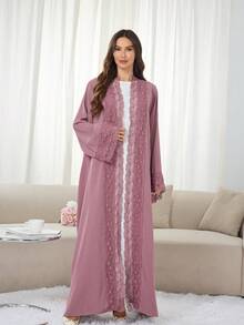 1 Set Hijab + Open Abaya Islamic Mid-Length Dress, Turkish Dubai Abaya Robe With Headscarf, Suitable For Women's Daily Wear Spring - Multicolor - View 6