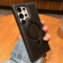 高级复古PU皮革手机壳，兼容 17 Pro Max、Galaxy S26 Ultra、S25 Ultra、S24 Ultra，商务风格，带隐藏式金属支架，支持无线充电，全方位防摔保护 - 黑色 - 查看 4