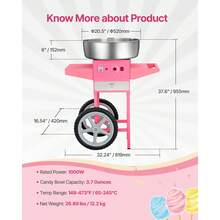 elektrische Zuckerwattemaschine kommerzielle Zuckerwattegeräte mit Wagen (1000 W) mit 52 cm Edelstahlschüssel & Zuckerschaufel & Schublade, perfekt für Kindergeburtstage Familienfeiern Rosa - Mit Wagen, Pink - Übersicht 11