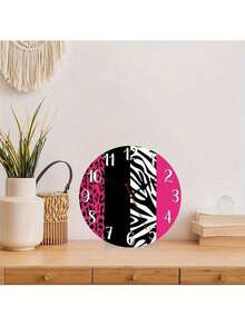 1pc 10inch Double-Sided Wall Clock - Pink Zebra And Leopard Animal Print, Faux Wood Battery Operated (AA Battery),Teacher Gift,Graduation Gifts,Mother Gifts,Classroom,Room Decore,Home Essentials,Adornos Para Cuarto - A - 查看 3