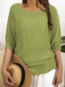 Pullover Wanita Longgar Kasual Warna Polos Ukuran Besar Kerah Bulat Lengan Pendek Semi-Transparan, Musim Semi/Panas - Hijau - View 3