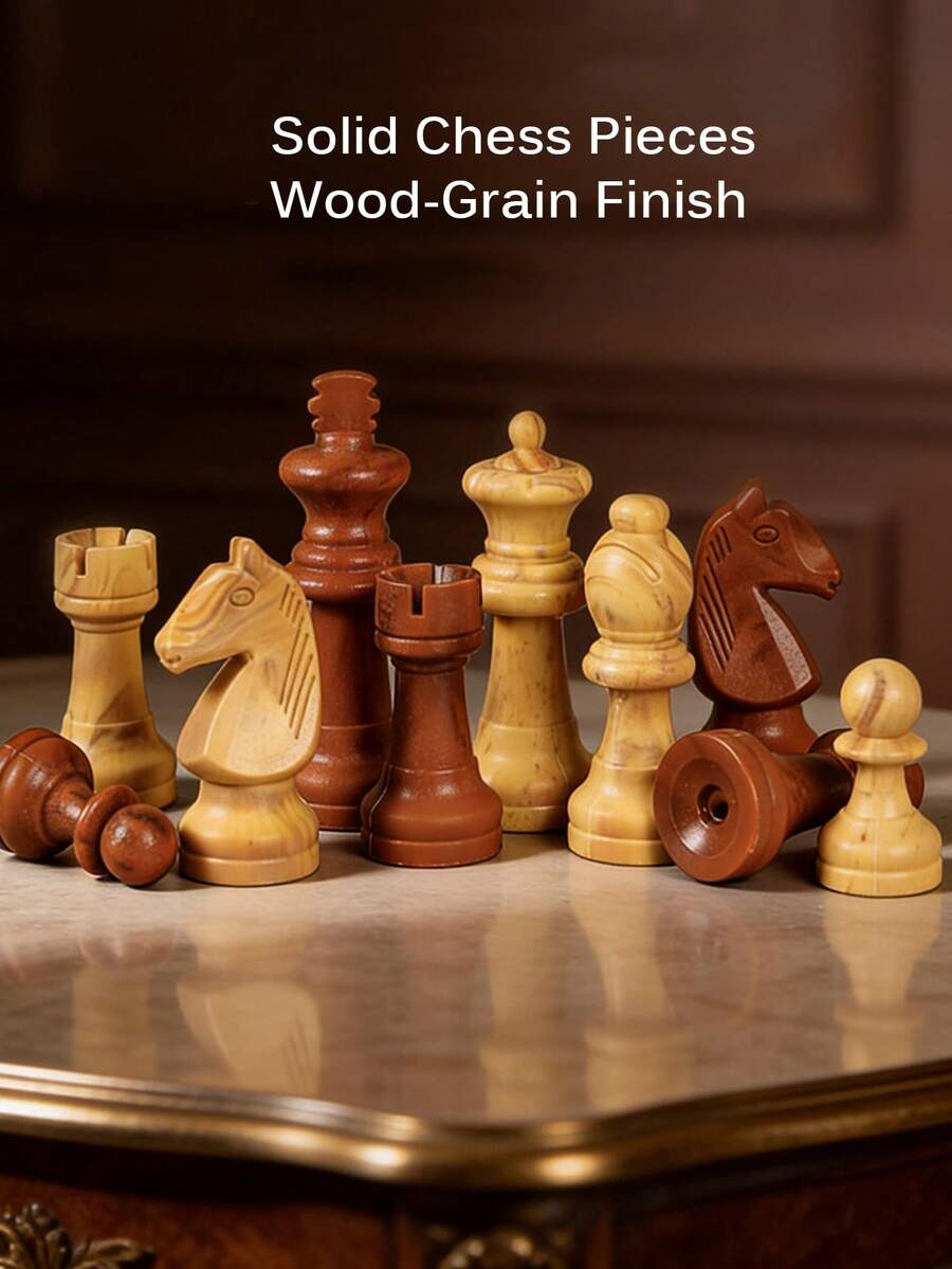 1 Juego de 32 piezas de ajedrez de plástico sólido con textura de grano de madera, portátil, disponible en varios tamaños - Multicolor - Ver 1
