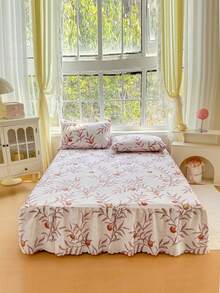 Bộ 3 món (1 ga trải giường, 2 vỏ gối) họa tiết cành đào tím in hoa, ga trải giường xếp ly viền ren, bảo vệ toàn diện khỏi bụi bẩn, bộ 3 món ga trải giường xếp ly kèm 2 vỏ gối. - Mùa đào tím - Xem 7