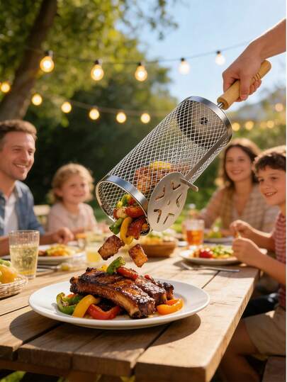 Giỏ nướng xoay dùng cho BBQ; 2 chiếc; Giỏ nướng bằng thép không gỉ dùng cho rau củ, tôm, cá và thịt – Phụ kiện nướng và nấu nướng ngoài trời