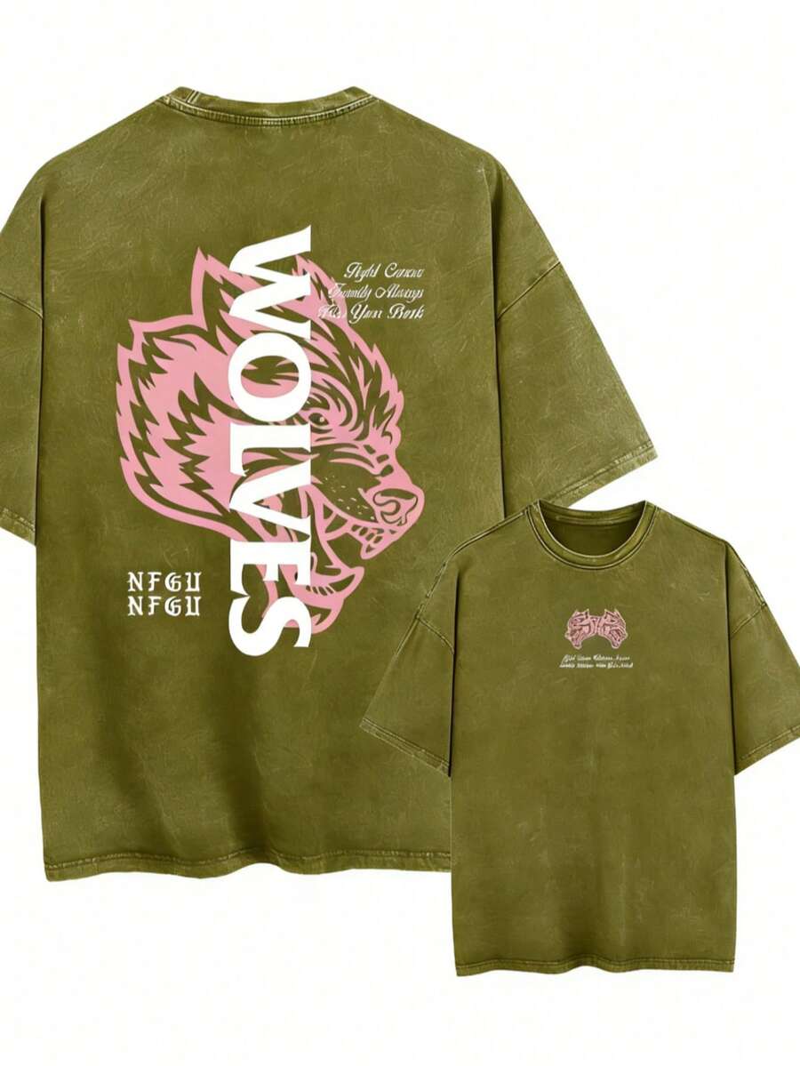 2026Darc Wolf Print Vintage Washed Men's T-Shirt, Perfect For Fitness And Weight Training, Loose Summer Gym T-Shirt, Suitable For Workouts. Loose And - 軍綠色 - 查看 1