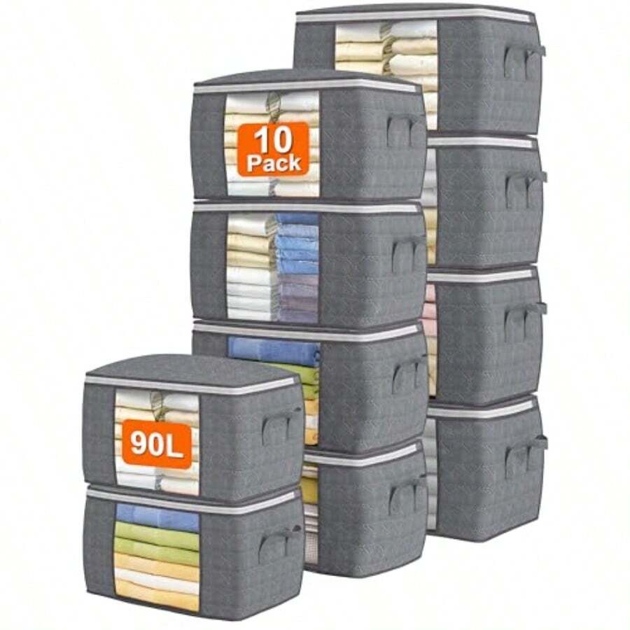 DAWNTREES 10 Piezas Organizador de Ropa 90L 60 x 40 x 35 cm bolsas de almacenamiento para mantas bolsa de almacenamiento grande con asas Clothes Storage Bag Wardrobe Blanket Storage - Gris - Ver 1