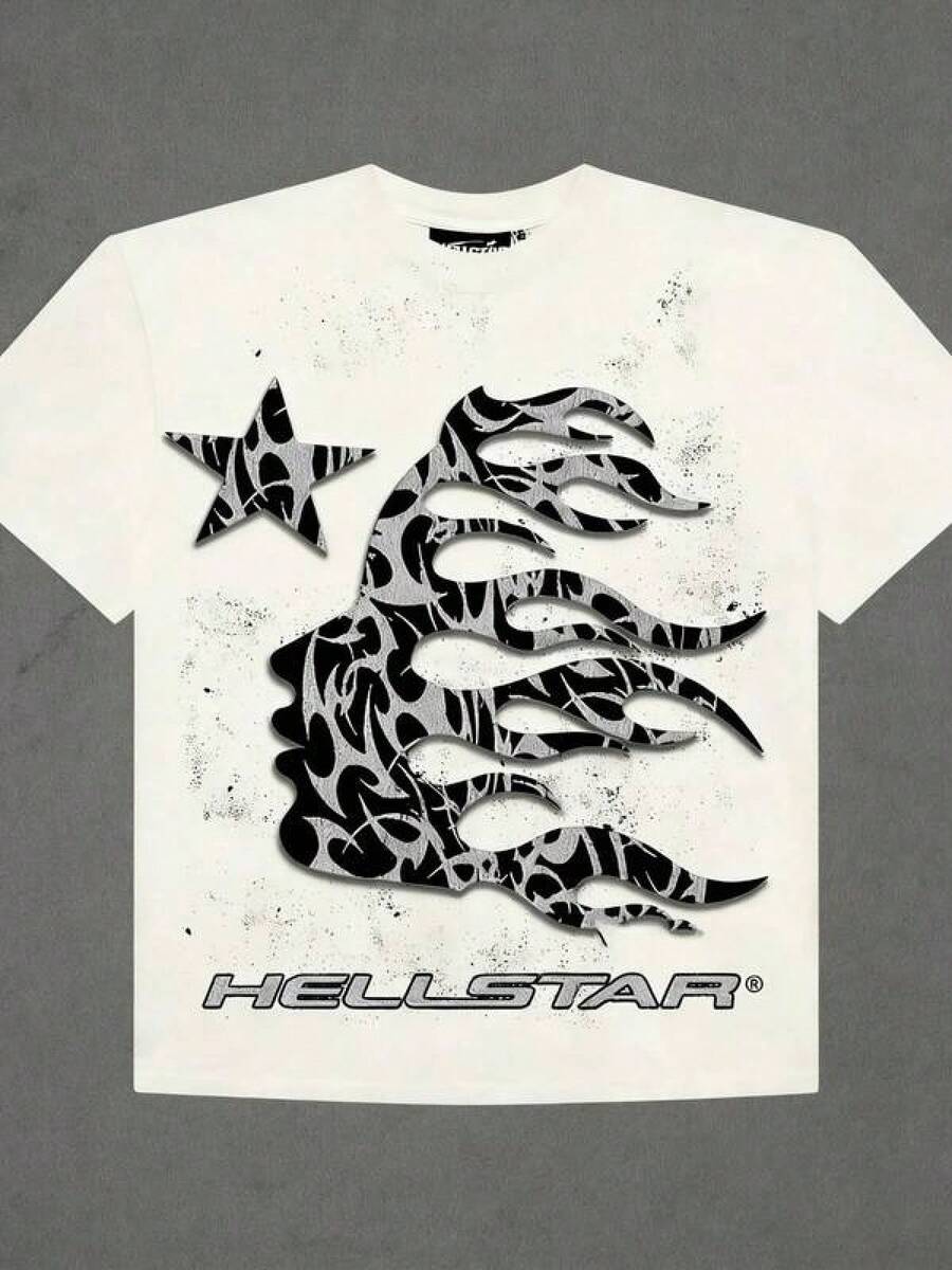 T Shirt Print ,Graphic-Cotton Tees Size Plus, Cartoon Round Neck Short Sleeve, Hellstars Flame Silhouette Vintage Graphic T-Shirt,220g 100% Cotton,Round Neck Short Sleeve,White Streetwear Essential,Unisex Style,Y2K,Oversized Shirt Men,With Shirt,Summer Tops,Shirt Suitable - White - View 1