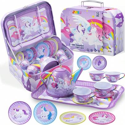 JOYIN Unicornio Juego deé para Niñas, Juego de Tetera de Hojalata Púrpura, Juego deé de Princesa, Juguete de Cocina con Tetera, Taza, Plato