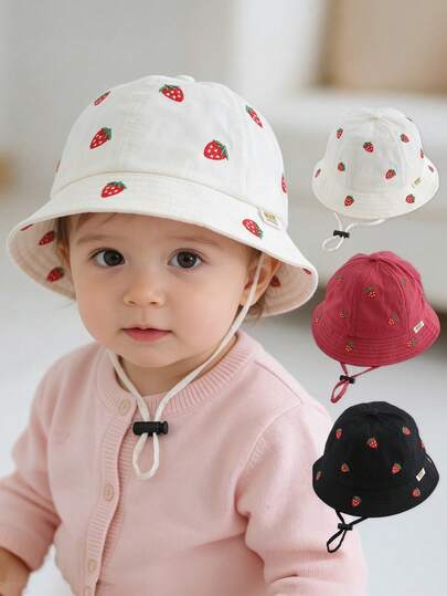 1pc Baby Strawberry Print Bucket Hat, Lightweight Breathable Sun Protection Hat, Fashionable Casual Outdoor Travel Beach Hat Suitable For Toddler Boys & Girls