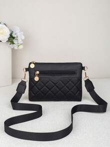 Bolso cruzado minimalista de moda de un solo hombro 2026, bolso cuadrado pequeño con textura de rombos, combinado con herrajes dorados, diseño de múltiples compartimentos - Negro - Ver 1