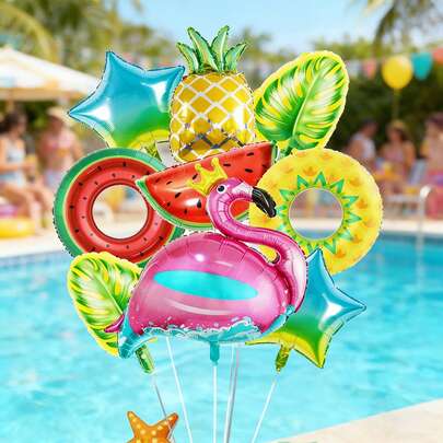 1 Set Vibrant Tropical Birthday Balloon Decoration Kit, Includes Flamingo, Pineapple, Watermelon Shaped Balloons, Paired With Gradient Color Star Balloons, Monstera Leaf Balloons And Swim Ring Balloons, Suitable For Birthday Gifts For Son/Daughter, Summer Theme Birthday Party, Parent-Child Beach Celebration, Children's Room Decor, Photo Backdrop