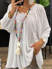 Áo kiểu nữ dài tay cổ chữ V, thiết kế phối ren, cỡ lớn, màu trắng, thích hợp cho mùa xuân. - trắng - Xem 1