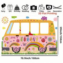 1pc 2D Hollow Design Vintage Hippie Bus Background Banner, Featuring Vibrant Colorful Graffiti Elements Like Rainbow, Flowers, Hearts, Butterflies, Peace Signs, Music Notes, Exuding A Retro Playful And Free Spirit Vibe. Made Of Polyester Fiber Material, Suitable For Children's Birthday Parties, Retro Themed Gatherings, Holiday Decorations, And Home Parties. - A - View 8