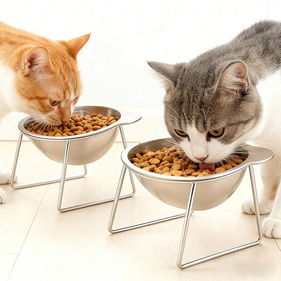 1/2pcs Stainless Steel Cat Food & Water Bowls With Stand, Anti-Spill Wide Bottom Design, Easy To Clean, Suitable For Wet/Dry Cat Food, Ideal For Kittens, Can Be Placed On Tile Floor, Perfect Gift For Cat Owners - 420ml - View 1