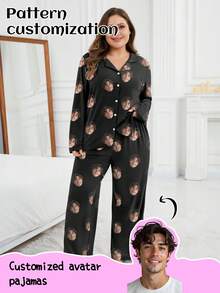 Printstory Customized Plus Size Women's Long Sleeve Pajama Set, Personalized With Any Pattern, Suitable As A Unique Gift For Family And Friends - Black - View 1