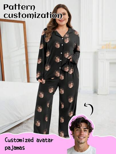 Printstory Customized Plus Size Women's Long Sleeve Pajama Set, Personalized With Any Pattern, Suitable As A Unique Gift For Family And Friends