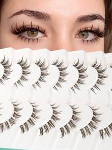 7对棕色自然十字全头假睫毛，透明睫毛梗，蓬松纤细，适合日常佩戴，漫画风格，旅行必备 - 棕色 - 查看 2