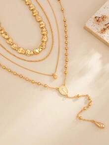 1 Set Of 4pcs Minimalist Asymmetrical Shape CCB Beaded Metal Water Drop Pendant Necklace Set, Fashionable High-End Personalized Long Water Drop Pendant CCB Beaded Necklace Set, Suitable For Women's Daily, Vacation, And Party Wear - 金子 - 查看 4